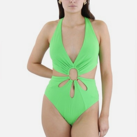 NWT BCBGMAXAZRIA Womens Cut-Out Nylon One-Piece Swimsuit BL3SD29H size XL lime - Picture 1 of 3